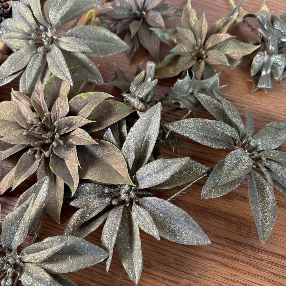 Vintage Metallic Gold‎ Artificial Poinsettia Holly Berry Picks Christmas Decor